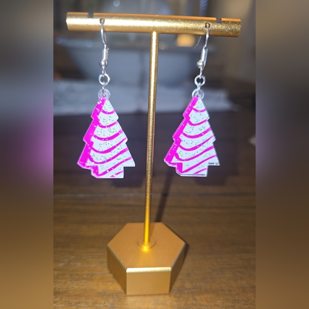 Pink Glittery Christmas Tree Cakes Acrylic Earrings